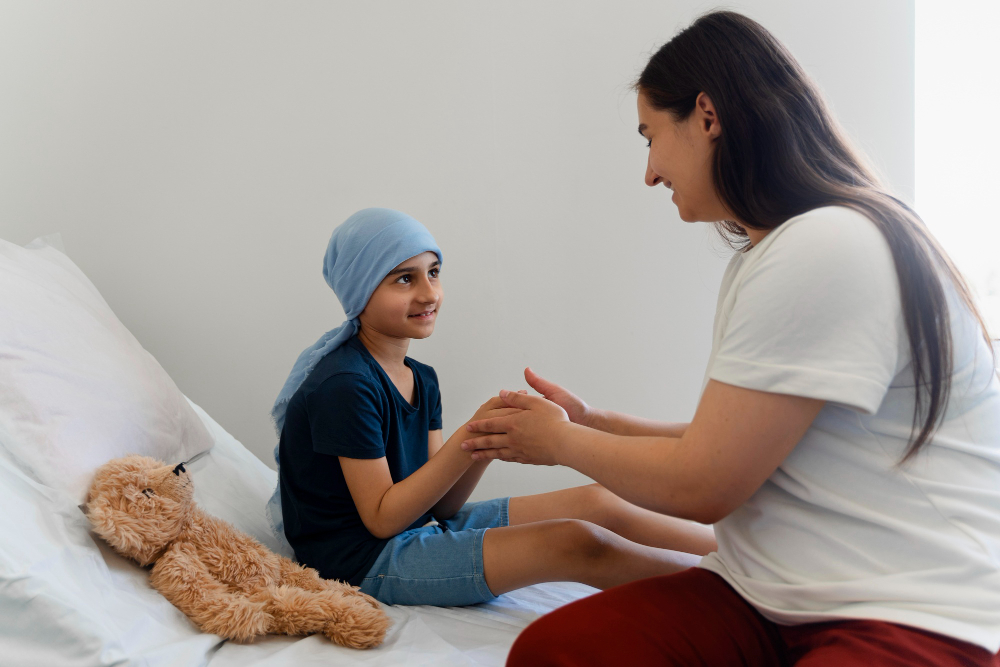 Mulher cuida de criança doente.